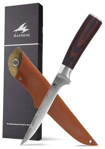 HAZMUSS Couteau à Désosser 14,5 cm - Acier Haute Teneur en Carbone, Couteau Filet de Poulet et Poisson avec Manche en Pakka Ergonomique, Couteau de Boucher Professionnel
