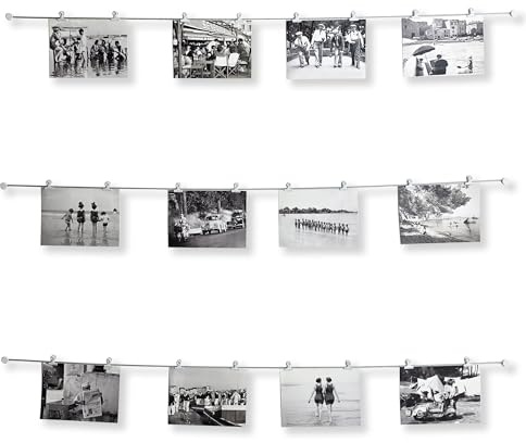 LeTOMA - Modernes Fotoseil mit weißen Metallklammern | 100 cm & 10 Clips | Einfache Wandmontage ohne Bohren, für Bilder, Postkarten & Kinderkunst | Made in Germany
