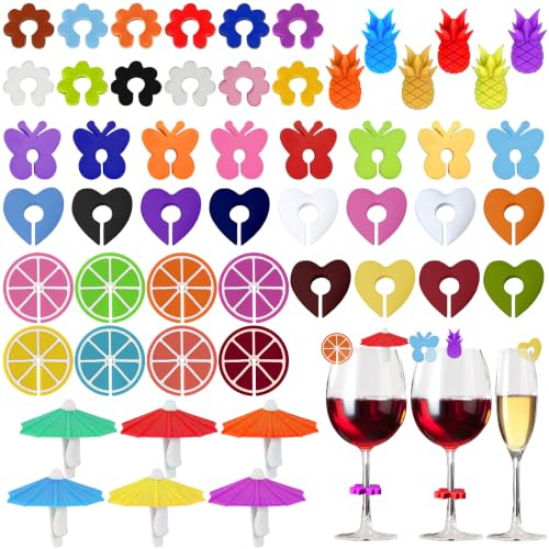 YinnFeen 52 Stück Glasmarkierer Silikon, Bunte Glas Markierung Trinkgläser, Wiederverwendbare Gläser Markieren Wein Marker Glasmarkierer für Weingläser Party Hochzeit Bar Feier