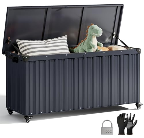 DKIEI 550L Metal Garden Storage Box with Combination Lock and Lockable Wheels | Extra Large Outdoor Storage Boxes Waterproof, Outside Storage Box for Cushion, Tools, 129 x 68 x 63 cm, Anthracite Grey