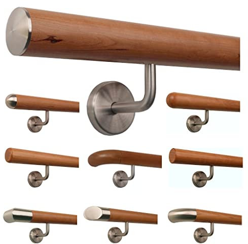 TIBU Corrimano in legno di ciliegio, 0,3 m – 5 m, lunghezza 120 cm, estremità leggermente bombata in acciaio inox e 2 supporti angolati