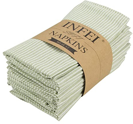 INFEI Narrow Striped Cotton Linen Blended Dinner Cloth Napkins - Set of 12 (40 x 40 cm) - for Christmas Parties Events & Home Use (Green)