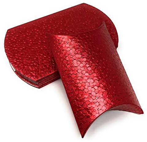 Pillowbox Kissen-Schachtel Faltschachtel, Geschenkbox aus Papier Geschenkschachtel mit erhabenem, Tropfen/Punkte Muster (10x Rot – 11,5 x 7,5cm)