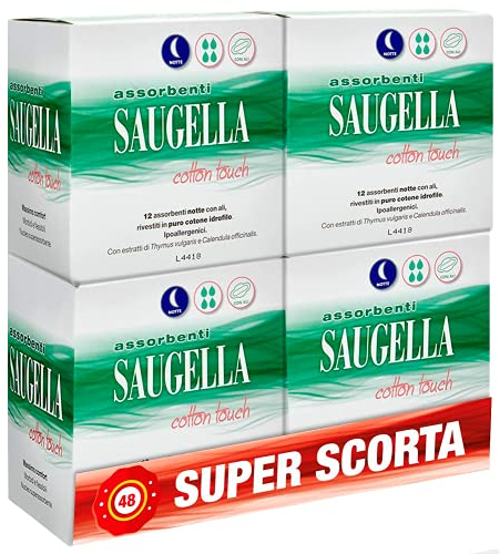 Saugella Assorbenti Cotton Touch Notte, 48 Assorbenti Cotone Notte con Ali, Azione Antibatterica, Antiodore e Lenitiva