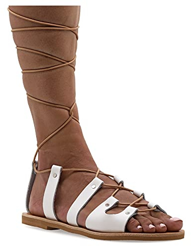Emmanuela Sandalias de gladiador griegas antiguas, sandalias planas de cuero hechas a mano con puntera abierta y cordones, zapatos de verano para atar mujeres, Blanco, 40