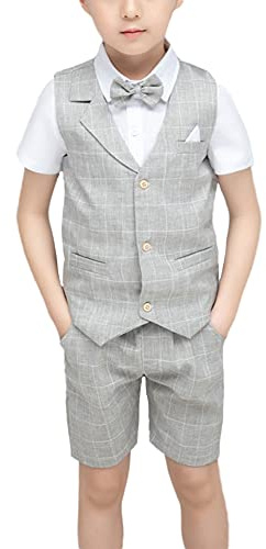 Boys Wedding Suit Gentleman Outfits Birthday Tuxedo Formal Suit 2-13 Years Child Shorts Set Plaid Page Boy Summer Suits Set Formal Clothes Sets Kids Waistcoat Suit for Party Prom Wedding Baptism