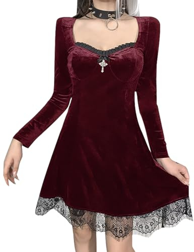 DINGJIUYAN Steampunk Velvet Lace Dress Women Halloween Gothic Mini Dresses | Long Sleeve Square Neck Wedding Guest Vintage Party Dress