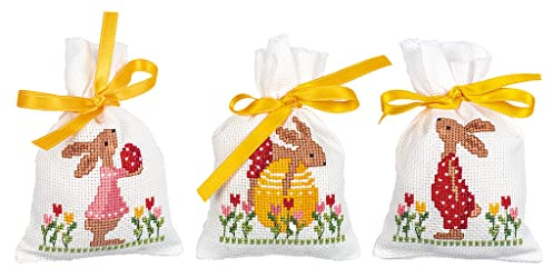 Vervaco Zählmusterpackung Stickset Säckchen Osterhasen im Garten 3er DIY Ostern Gezählter Kreuzstich Stickpackungen Erwachsene Kreativ Set 8 x 12 cm Stickset für Anfänger Stoffbeutel zum Sticken