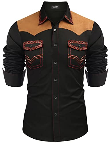 Coofandy Chemise Western Cowboy brodée à Manches Longues Coupe ajustée décontractée en Coton boutonné Hippie Chemises avec Poches pour Homme, Noir, XL