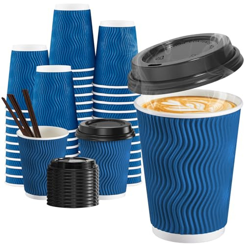 SIUQ 90 Pack 12 oz Disposable Coffee Cups with Lids and Straws, Insulated Ripple Wall To Go Paper Coffee Cups for Coffee, Hot Chocolate and Hot Tea Drinks - Navy