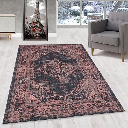 HomebyHome Kurzflor Teppich Wohnzimmer 120x170 cm, Vintage und Klassisches, in Rot und Schwarz - Orient Teppich, rutschfest, Waschbar und Weich - Ideal für Schlafzimmer, Esszimmer, Küche