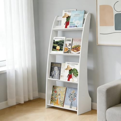 foriy Floor Standing Magazine Rack 4 Tier White Book Display Shelves Magazine Holder, Literature Brochure Display Stand Bookshelf for Home, Office, Exhibitions, Playrooms