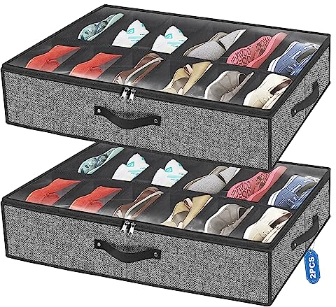 VERONLY Unterbett Schuhaufbewahrung Organizer, 2 Stück Unterbettkommode mit Sichtfenster, passend für 24 Paar, 74x60x15cm/29,3'' x 23,6'' x 5,9'' (Schwarz)