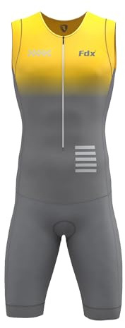 FDX Herren Rad-Skinsuit – 3D gepolstert, atmungsaktiv & schnelltrocknend, Triathlon Einteiler mit kurzen Ärmeln für Training, Rennen & Radsport (Duo Yellow-L)