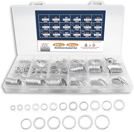 DIYoung Assortimento Anelli Tenuta Alluminio 540 PZ, Guarnizioni Metriche, Set di Guarnizioni Scarico Dell'olio, 18 Dimensioni per Riparazioni Idrauliche, Automobili, Impianti Idraulici (M6 - M24)