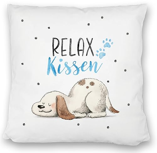 Sofakissen satiniert Hund mit Spruch Relax Kissen Dekokissen mit Füllung und Bezug 40x40 mit Motiv