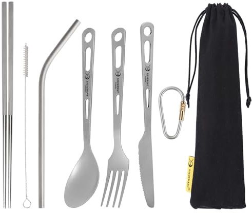 SILVERANT Titanium Camping Flatware, Titanium Spork Spoon Chopsticks Knife Straw Cutlery Set PortableTableware for Lunch Box Outdoor & Hiking, Comes with Drawstring Bag & Carabiner- Sandblasted