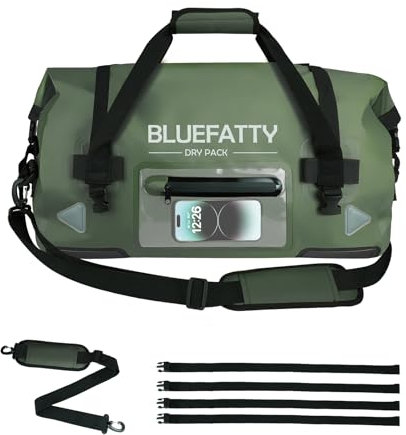 BLUEFATTY Wasserdichter Seesack Roll Top Dry Duffel Bag für Motorradfahren, Bootfahren, SUP, Kajakfahren, Reisen, 50L/70L, Grün (Army Green), 50L, Für den Außenbereich