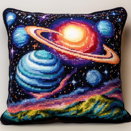 Space Planet Latch Hook Kits Pillow with Printed Canvas DIY Cushion Crochet Yarn Embroidery Hook and Latch Kit Pillowcase Christmas Soafa Decoration 43x43cm(1)
