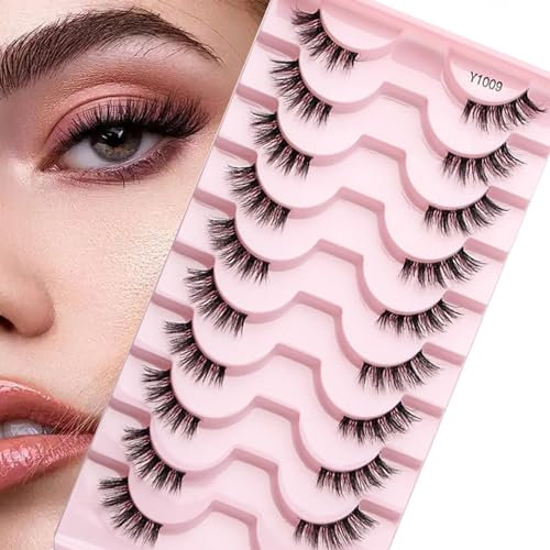 JIEYUCHU 3D Natürliche Wimpern, 10 Paare Katzenaugen-Halbwimpern - Faux Mink, leicht und weich für einen natürlichen Look