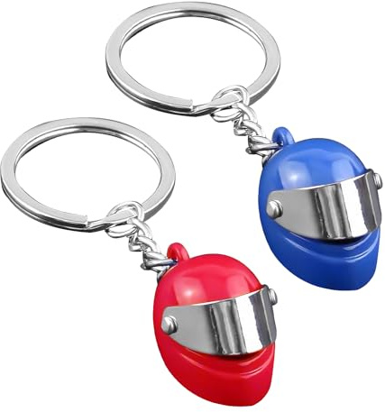 KRYMSON Lot de 2 porte-clés de casque, porte-clés de moto, porte-clés personnalisés, moto décorative, parfait comme cadeau d'anniversaire, de vacances, Bleu/rouge, 3*2*1,8 cm