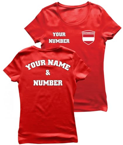lepni.me Personlig fotbollströja dam Österrike | Ditt Namn och Nummer | Österrikisk flagga-märke |Anpassad T-shirt | Fotbolls-EM 2024, fans (M Röd Flerfärgad)