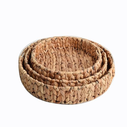 Tablett geflochten Seegras Wasserhyazinthe Durchmesser Obstschale Geflochtener Aufbewahrungskorb Natürliche Picknickkorb Organizer Weben Runde Ablage Brotkorb üchenschränke (A,28+33+37cm)