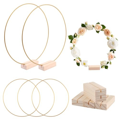 5 Stück Gold Metallringe zum Basteln mit 5 Holzständer, 25cm Metallring | mit Holzständer, Metallring Makramee Ringe, Drahtringe zum Basteln, für Hochzeitskranzdekor, DIY