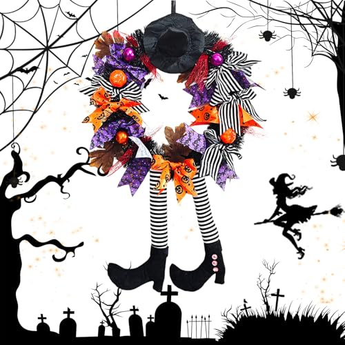 CHENYU Halloween Deko Outdoor Hängende Dekorationen Durchmesser 34 cm Halloween-Kranz Orangefarbener Kürbis Hexenhutbeine Gesamthöhe 62 cm Halloween Deko Geeignet für Türen Fenster Zimmerwände