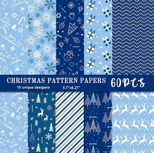 MIAHART - Juego de 60 hojas de papel con motivos navideños, 10 diseños, papel para manualidades de festivales, para hacer tarjetas, álbumes de recortes (Azul y blanco, A5)