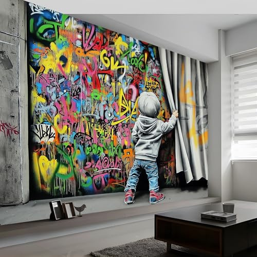 Panoramic Graffiti Art City Street Wallpaper Mural 300 x 210 cm (W x H), Wall Poster Abstract Art Photo Wallpaper Mural 3D Effect, Poster Decoration for Bedroom Living Room Corridor