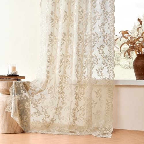 FOLKSIDE Spitzenvorhänge, 2 Stück, Paisleymuster, Blumen-Vorhänge für Wohnzimmer, Schlafzimmer, Tunnelzug, lichtfilternd, durchsichtig, für großes Fenster, Esszimmer, neutral, 132 x 274 cm, beige