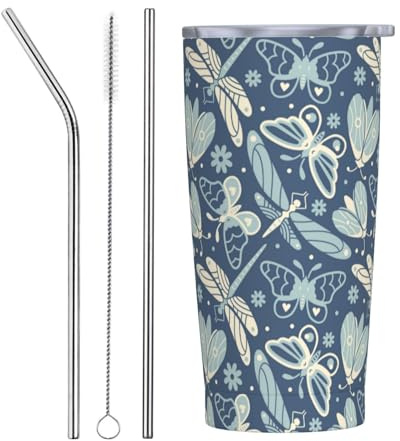 VOSERY Botella de agua de 20 onzas con tapa y popote, vaso aislado de acero inoxidable con diseño de mariposa y polilla de libélula, taza de café de viaje, vaso personalizado