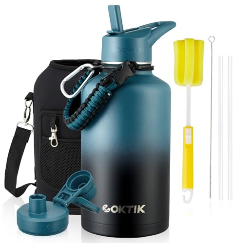 Half Gallon Insulated Water Bottle, 64 oz Triple Wall Stainless Steel Flask, Keeps Drinks Cold for 48 Hrs Leak-Proof & BPA-Free Half Gallon Jug with Paracord Handle, Straw & Spout Lids(Indigo Black)