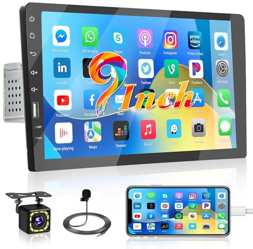 Fuluku 9 Zoll Autoradio 1 Din Radio 1080P Touchscreen mit Rückfahrkamera Mikrofon Bluetooth Freisprecheinrichtung FM Unterstützung Mirror Link SWC USB EQ