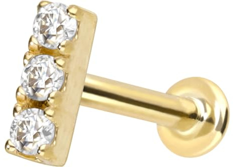 PIERCINGLINE Gold Labret Ohr-Piercing mit Push Fit MOISSANIT BALKEN 14 KARAT Gelbgold 1 x 5 mm