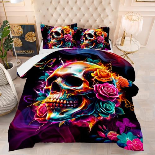 Bettdecke 200X200 Buntes Skelett Bettdecken 200Gsm,Dünne Und Leichte Duvet,4 Jahreszeiten Bettdecken,Weiche Mikrofaser Bettdecke Mit 2 Kissenbezüge,Warm Steppbettdecke Für Allergiker