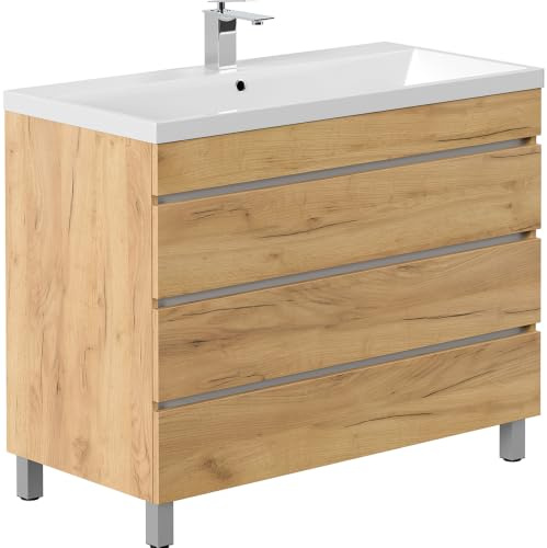 Lomadox Waschtisch 100 cm Eiche stehend mit 3 Schubladen