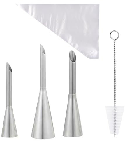 Piping Bags and Tips Set, 3 PCS Cream Icing Tips Stainless Steel Long Puff Nozzle Tip with Pastry Bags Frosting Piping Kit for Puff Pastry Filling Cake Decorating Tools (Silver,104)
