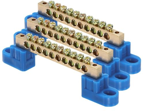 sourcing map 3 barre terminali a terra, 10 posizioni a vite, in ottone, morsettiera di messa a terra 6 x 9 mm per apparecchiature elettriche, scatola di distribuzione, blu