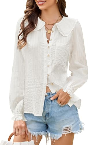ECOWISH Women's Long Sleeve Shirts - Peter Pan Collar Button Down Blouse Dressy Casual Puff Cotton Elegant Fall Tops 3461 White Large