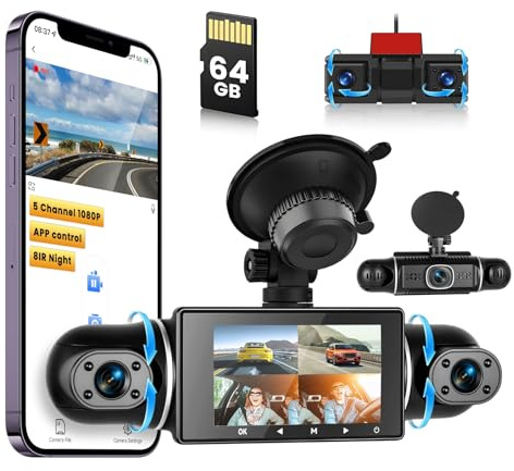 Hikity DashCam a 5 Canali, Dash Cam a 360° 1080P * 4 Anteriore e Posteriore Interna Sinistra Destra, Telecamera per Auto con Scheda da 64 GB - Wi-Fi, RegistraZione in Loop, Sensore G, Visione Notturna