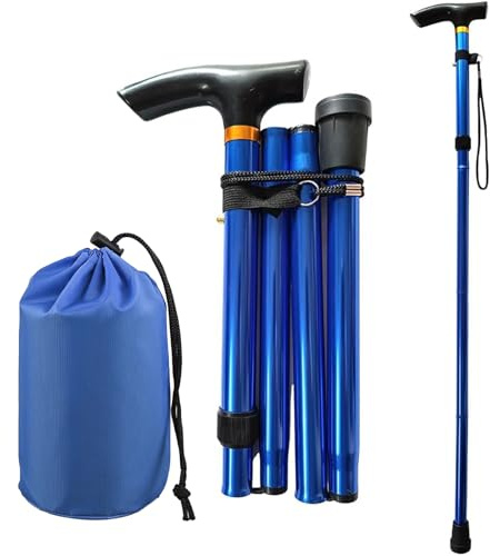 Faltstock, 5-Stufig Höhenverstellbarer Gehstock Klappbar, Leichter Tragbarer Spazierstock, Reisestock mit Handschlaufe und Aufbewahrungstasche für Bergsteigen, Wandern, Camping