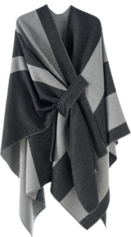 Damen Schal Wrap, Offener Poncho, Cape Strickjacke, Übergroße Pullover für Herbst und Winter,Schwarz Grau
