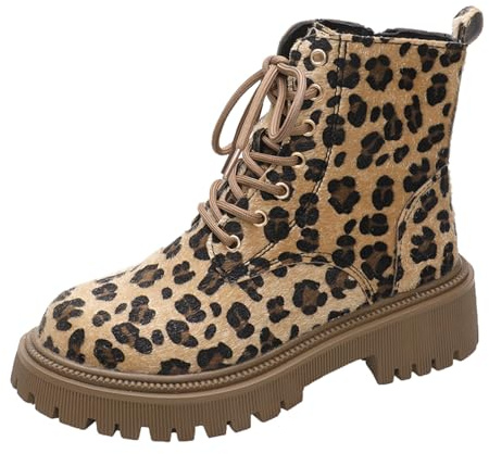 Generisch 2025 botines mujer invierno leopardo con cordones tacón grueso botas cortas, marrón, 38 EU