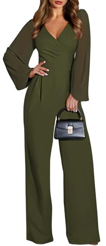 Pink Queen Date Night Jumpsuits for Women Long Sleeve V Neck Casual Outings Business Stylish Outfits Pant Suits Army Green M
