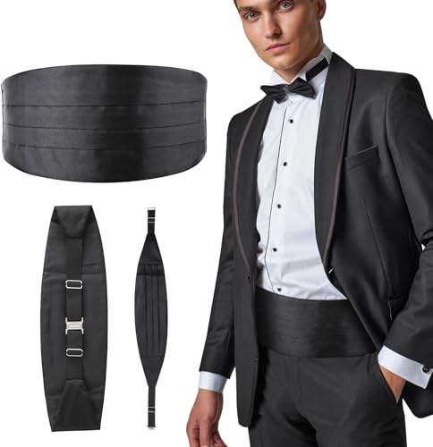 HotoPink Black Cummerbund for Men, Adjustable Classic Pleated Suit Waistbands, Pretied Gentlemen Silk-Like Cummerbund for Proposal Wedding Proms Parties Work Business Occassions