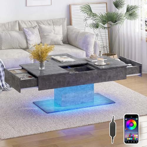 LED Coffee Table with Hidden Storage and 2 Storage Drawers,Living Room Table with LED RGB Lights, Sofa Side Table,Wooden Centre Tea Table,Coffee Tables for Living Room,Bedroom,Office,Modern (Grey)
