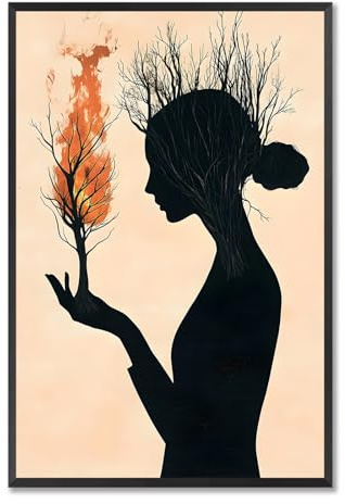 Symbolic Burning Tree Framed Poster Surreal Woman Profile Branch-Textured Head Canvas Wall Art Pastel Peach Background Prints Painting For Home Bedroom Dorm Wall Decor 8x10in Framed