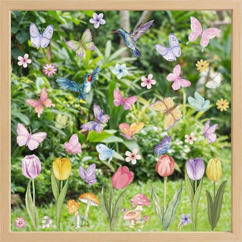 8 Stück Frühling Bunt Doppelseitig Fensterbilder | Blumen Vogel Schmetterling Fensteraufkleber,Wiederverwendbar,Wunderschöne Fensterdeko für Frühling Sommer